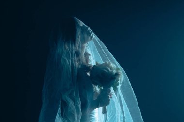 Karanlık bir sahnede tüyler ürpertici mavi bir ışık tarafından aydınlatılan şeffaf bir duvakla kaplanmış ölü bir gelin figürünün yer aldığı ürkütücü bir Cadılar Bayramı sahnesi. Hayalet gelin elinde bir buket tutuyor..