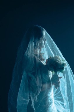 Karanlık bir sahnede tüyler ürpertici mavi bir ışık tarafından aydınlatılan şeffaf bir duvakla kaplanmış ölü bir gelin figürünün yer aldığı ürkütücü bir Cadılar Bayramı sahnesi. Hayalet gelin elinde bir buket tutuyor..