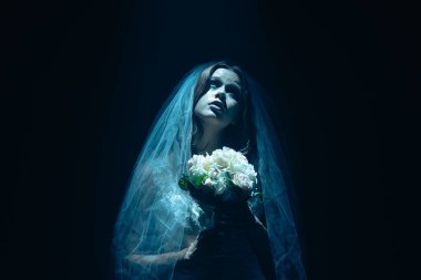 Karanlık bir sahnede tüyler ürpertici mavi bir ışık tarafından aydınlatılan şeffaf bir duvakla kaplanmış ölü bir gelin figürünün yer aldığı ürkütücü bir Cadılar Bayramı sahnesi. Hayalet gelin elinde bir buket tutuyor..