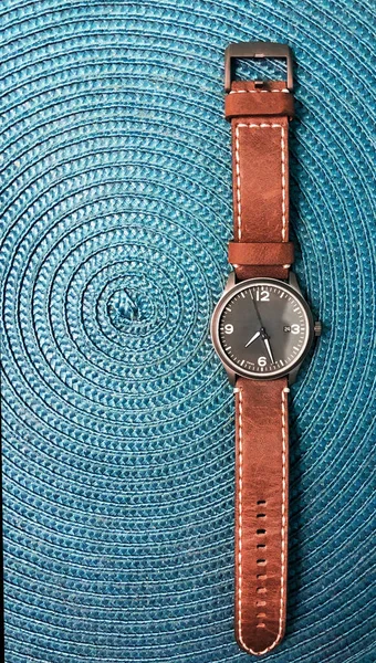 Chronograph Wrist Watch Metal Leather Strap Swiss Made — Stock Photo, Image