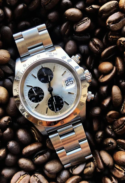 Reloj Pulsera Cronógrafo Con Correa Metal Cuero Hecho Suiza — Foto de Stock