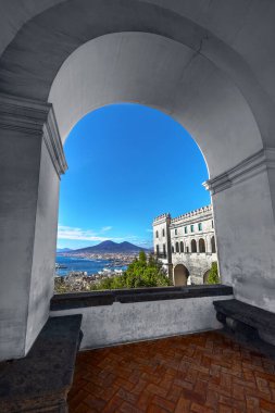 Naples Campania Italy. View of the gulf of Naples and Mount Vesuvius from the Certosa di San Martino (Charterhouse of St. Martin) Naples Italy clipart
