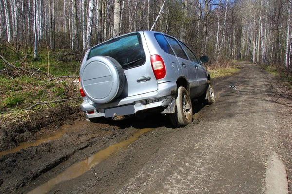 Grey Suv Towed Hand Winch Out Mud Forest Road — Stock Photo, Image