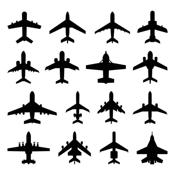 A large set of different types of aircraft silhouettes. In flight. Vector illustration on a white isolated background — Stock Vector