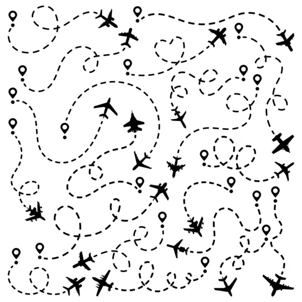 Conjunto de aviões e sua pista sobre um fundo branco. Ilustração vetorial — Vetor de Stock