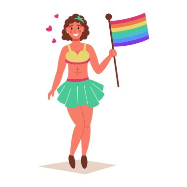 Lezbiyen geçidi. LGBT insanları gökkuşağı bayrağı taşıyor. İzole edilmiş beyaz arkaplanda vektör illüstrasyonu