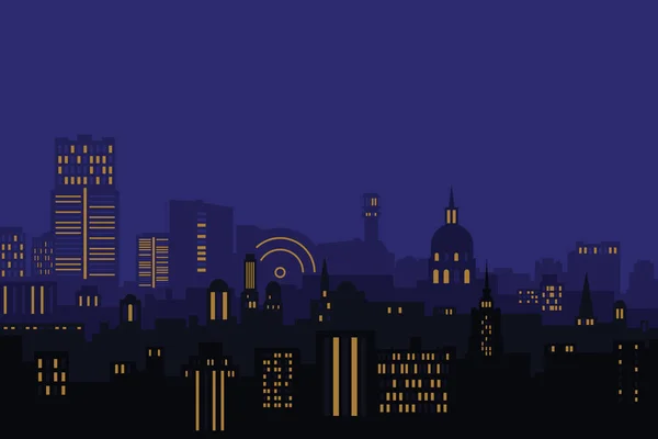 Vektör çizimi. Gece şehri, evler yüksek binalar