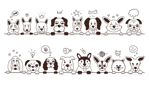 Bir çift şirin köpek. Doodle Dogs bir şeyler düşünüyor. İzole edilmiş beyaz arkaplanda vektör illüstrasyonu