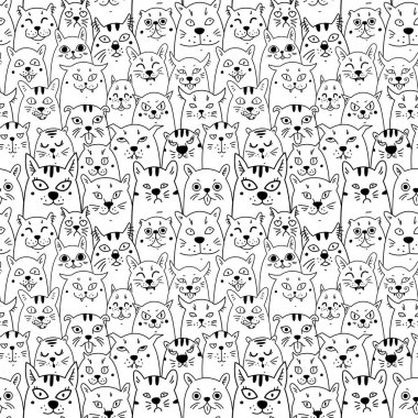 Kediler. Çizgi film vektörsüz duvar kağıdı. Beyaz izole arkaplanda vektör illüstrasyonu. Desen