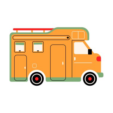 Renkli bir karavan. Eve Dönüş Karavanı. Eğlence amaçlı araba. Tatil gezisi konsepti. Şehir dışında dinlenmek ve gezmek için gezici bir ev. Bnlom izole edilmiş arkaplanda vektör illüstrasyonu