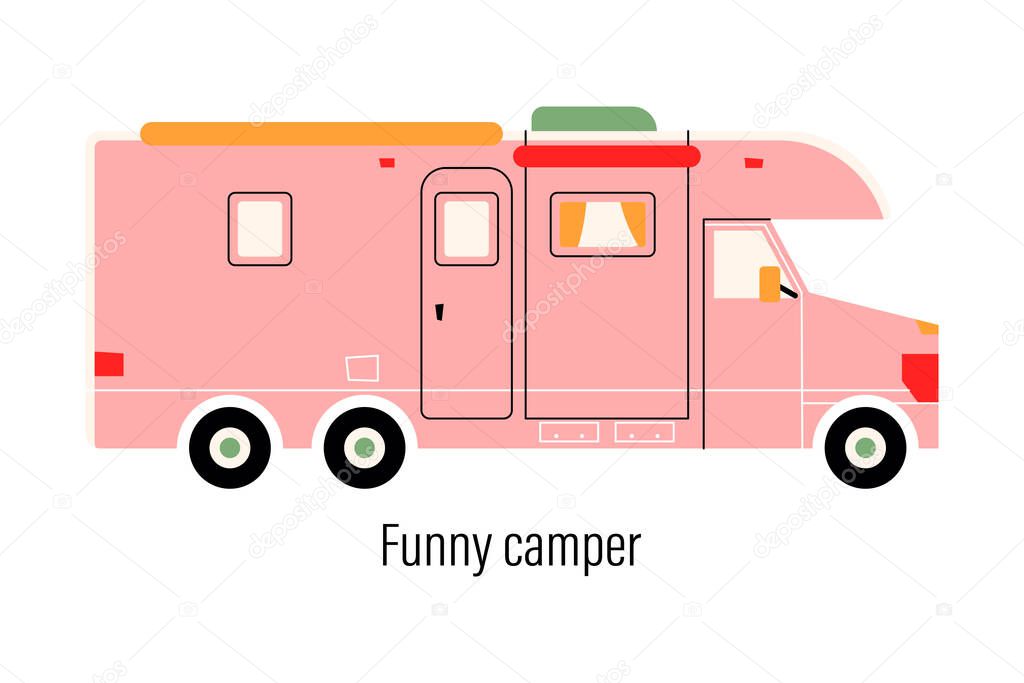 Colorful camper. Entertainment car. Mobile home for out-of-town recreation and outdoor recreation. Vector illustration on isolated background