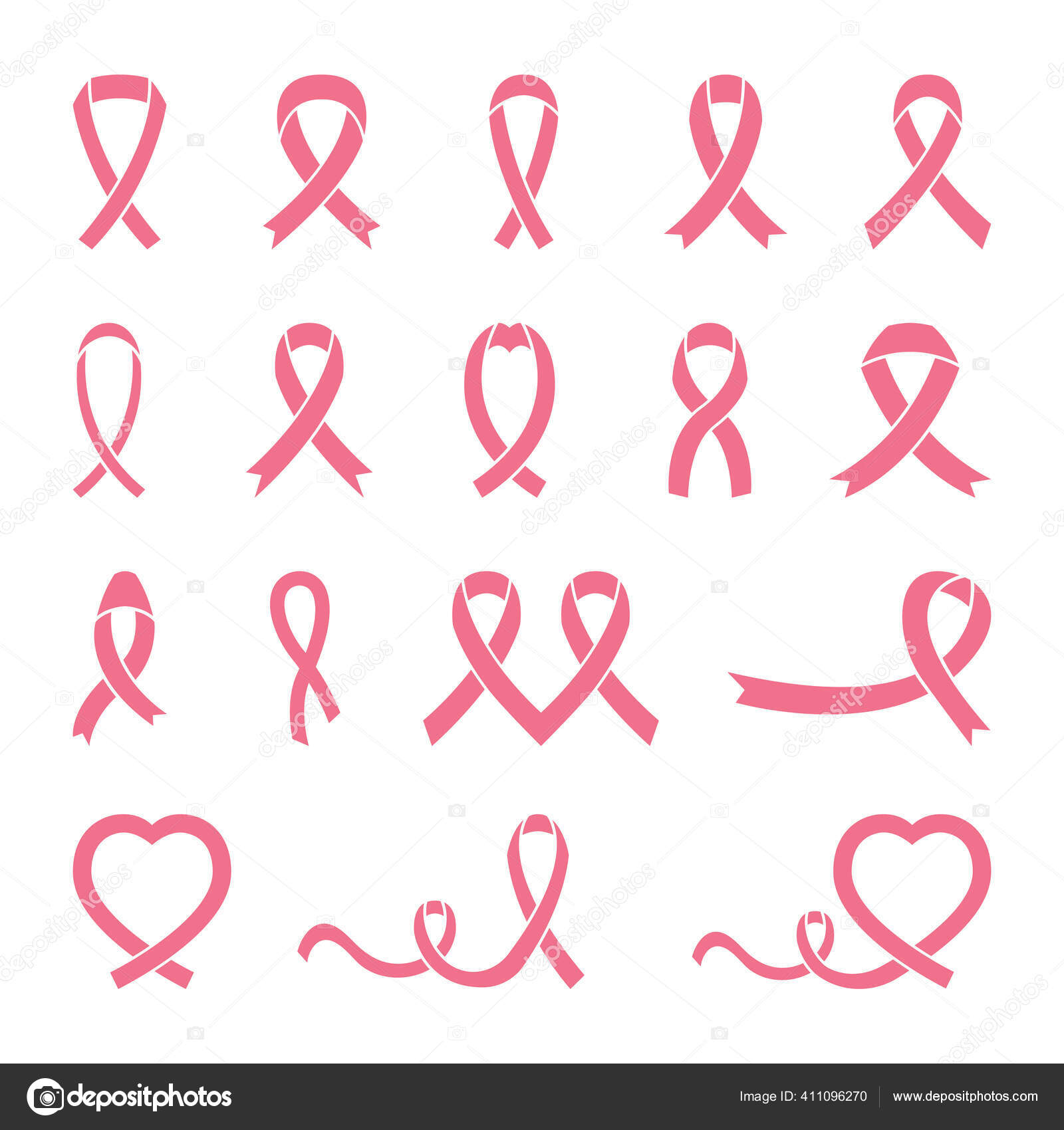 Set of pink ribbons for breast cancer awareness. Vector