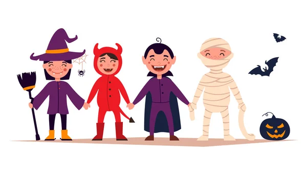 Šťastný Halloween. Sada roztomilých kreslených dětí v barevných halloweenských kostýmech: čarodějnice, dragula, mumie, ďábel. Sada kreslených ikon pro děti Halloween design. vektor a ilustrace — Stockový vektor