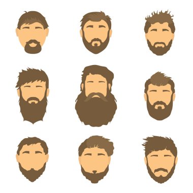 Çizgi film saçı, sakalı ve yüzü. Şık bir stil. Vektör erkeklerin saç stili, illüstrasyon, sakal, ikonlar, beyaz izole arkaplanda saç. Moda saçlar..