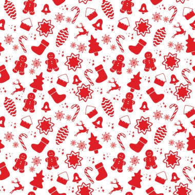 Beyaz bir arka planda izole edilmiş, Noel elementleriyle kusursuz bir desen. Vektör.