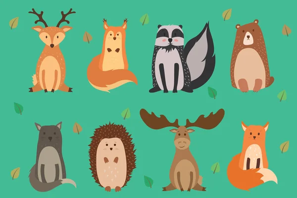Vektorová ilustrace roztomilých zvířat na podzim: sobi, veverky, mývalové, medvědi, divoké kočky, ježci, losi, lišky. Vektor — Stockový vektor