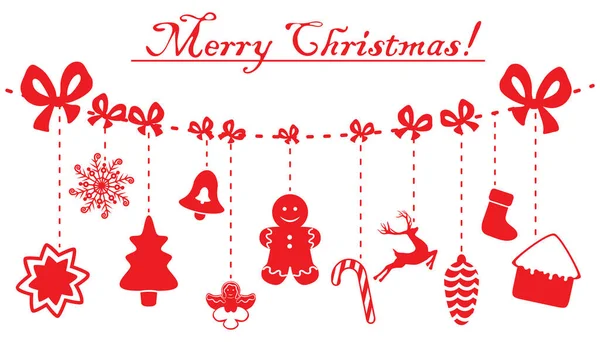 Рождественские и новогодние красные украшения висят на веревке. Векторные иллюстрации, изолированные на белом. — стоковый вектор