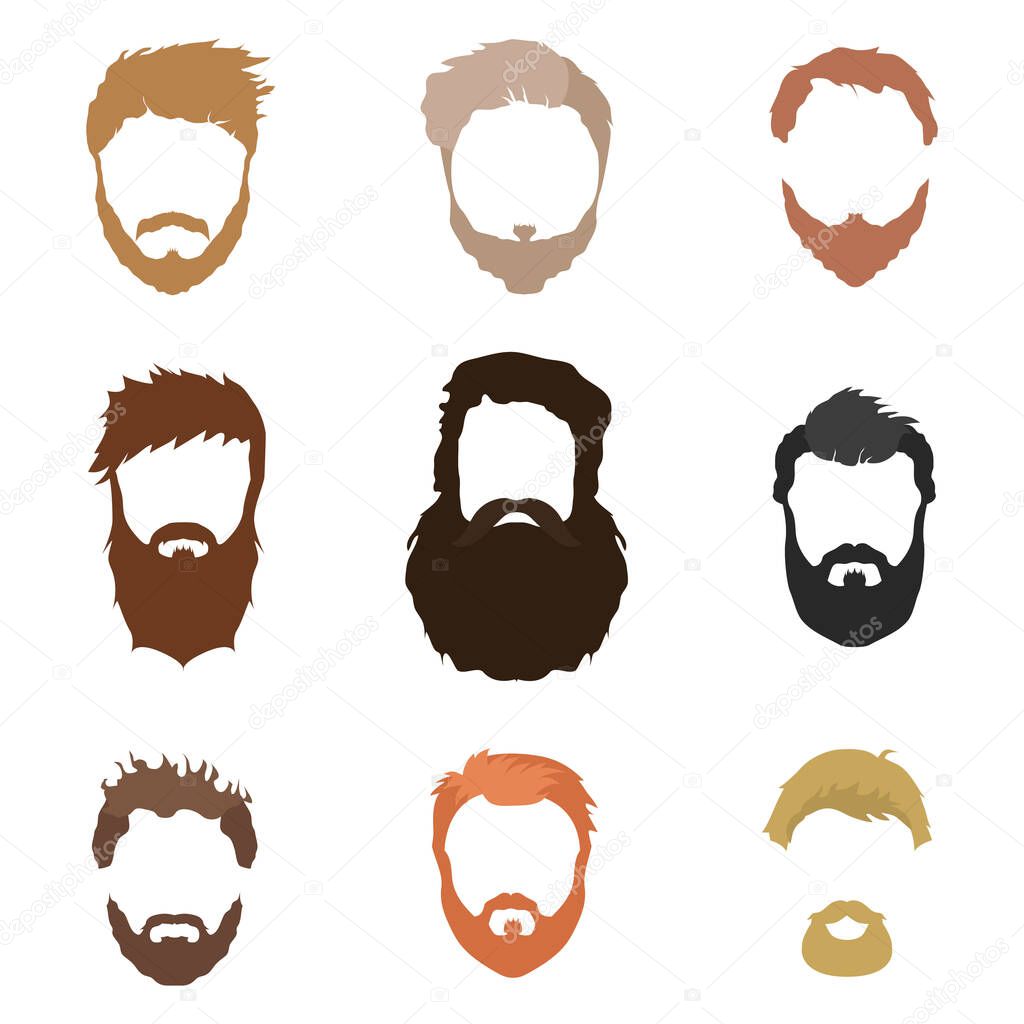 Fashionable men's hairstyle, beard, face, hair, cut-out masks, a collection of flat icons.
