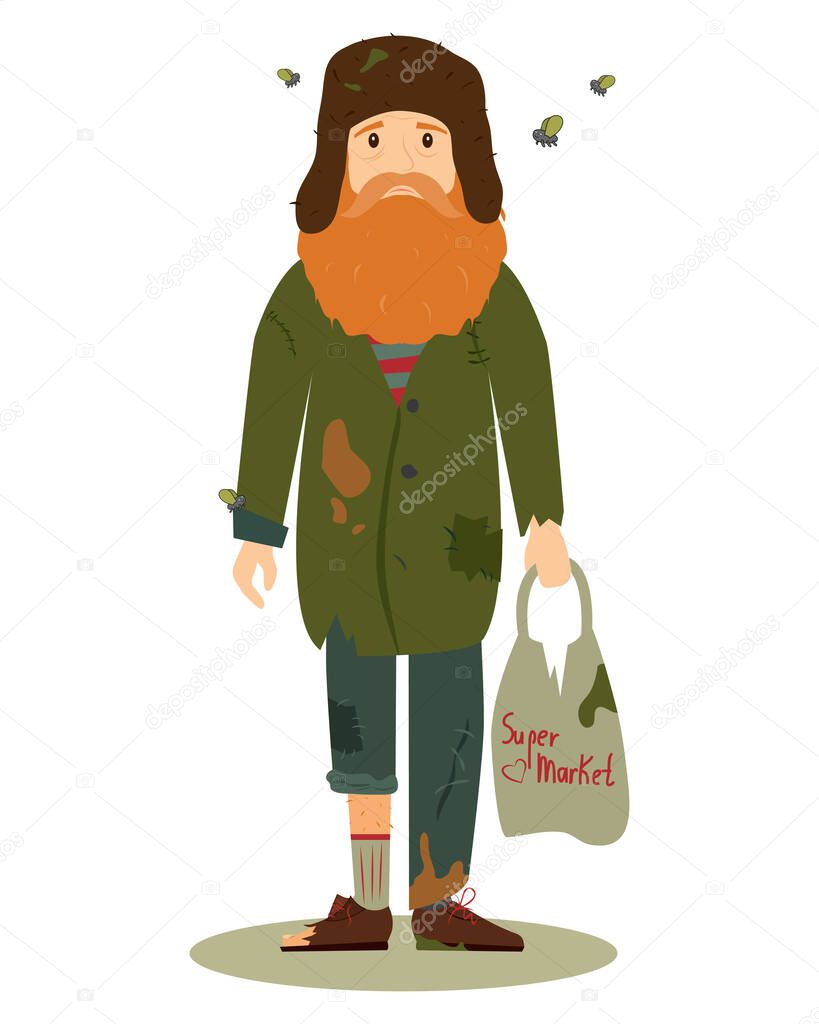 Homeless. Shaggy man in dirty rags, with flies and with a package in his hand. Vector illustration isolated on white background.
