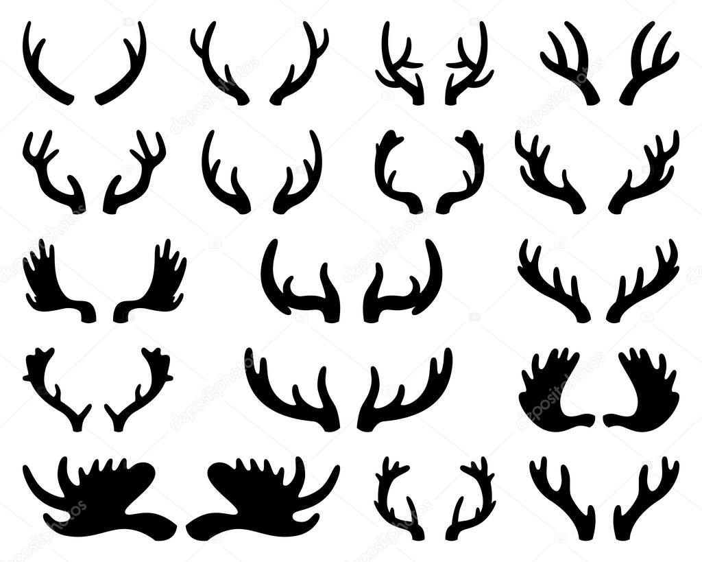 Silhouette of deer and elk antlers. Horns. Vector illustration on white isolated background.