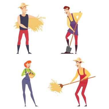 Tarımsal aletler kullanan bir grup çiftçi. Kürekli bir çiftçi, bir yaba. Buğday tarlasında çiftçi tablet üzerinde çalışıyor. Çiftçi hasadı. Vektör illüstrasyonu.