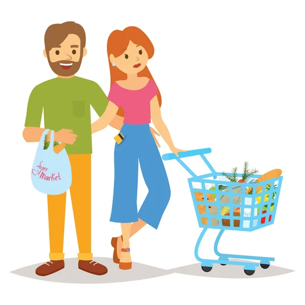 People with a trolley and shopping. Shopping people woman and man with shopping bags. Flat-type people in the shopping center supermarket deli vector figure on a white background.