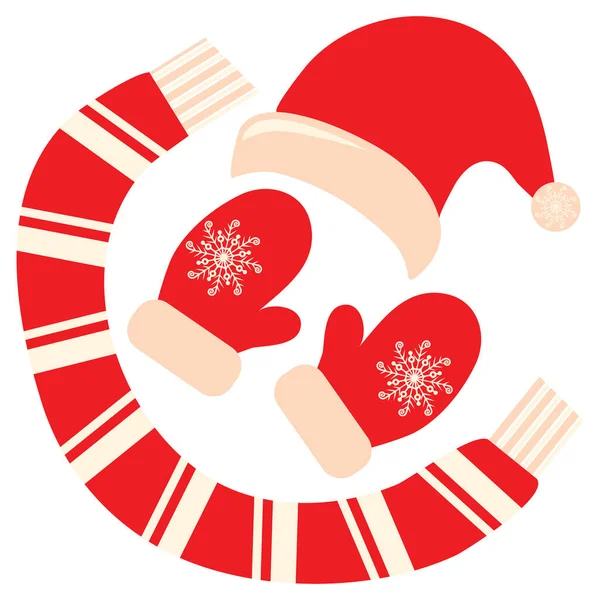 Winterkleidung Strickmütze Vom Weihnachtsmann Strickmütze Vorhanden Weihnachtsfäustlinge Schal Symbolbild Vektorabbildung — Stockvektor