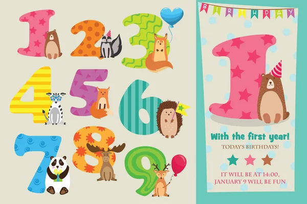 Números Aniversário Com Animais Bonitos Modelo Cartão Convite Festa Aniversário — Vetor de Stock