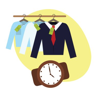 Askı. Erkek kıyafetleri, saatler. Vektör illüstrasyonu