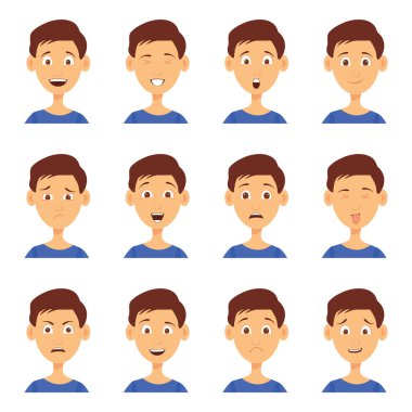 Bir grup erkek emoji karakteri. Çizgi film tarzı duygu simgeleri. İzole edilmiş çocuklar farklı yüz ifadeleri olan avatarlar. Düz resimli erkeklerin duygusal yüzleri. El çizimi vektör simgesi