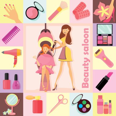 Bir takım ikonlar. Güzellik salonu tasarım şablonu kartı. Vektör arkaplanı
