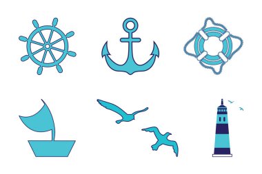 Deniz seti, deniz feneri, direksiyon, yelkenli, hayat yüzüğü, çapa, martılar. Tüm nesneler bir vektörde yapılır. Her biri ayrı ayrı izole edilmiş beyaz bir arkaplanda..