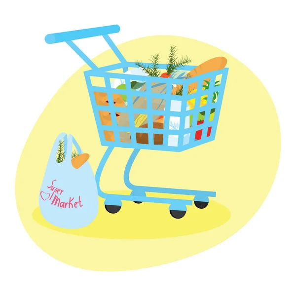 Self Service Supermarket Shopping Trolley Full Basket Fresh Produce Food — Stock Vector