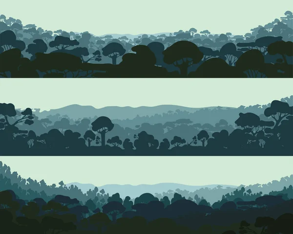 Horizontaal Nachtbos Landschapsbomen Silhouetten Vector Illustratie — Stockvector