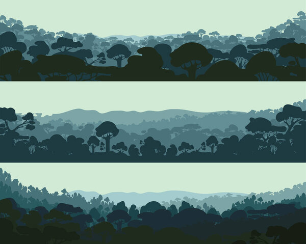 Horizontal night forest. Landscape trees. Silhouettes Vector illustration