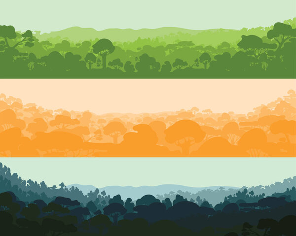 Horizontal wood afternoon, evening and night. Landscape, trees, tropics Silhouettes Vector illustration