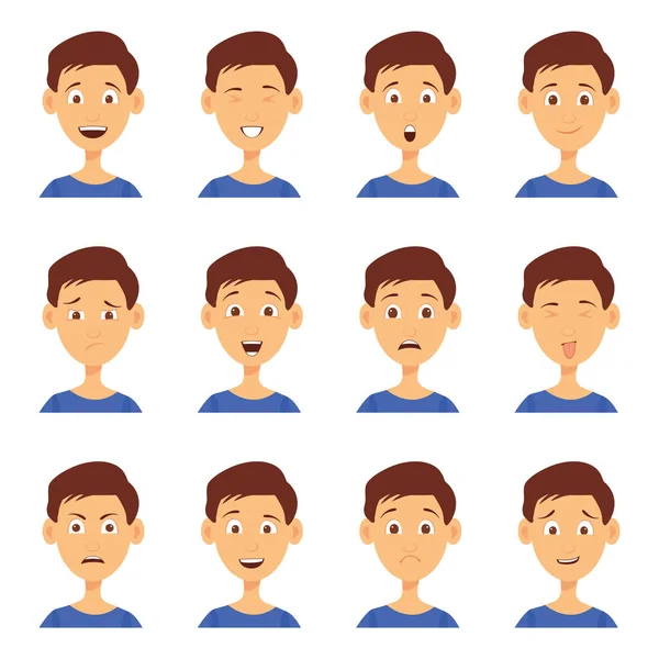 Bir grup erkek emoji karakteri. Çizgi film tarzı duygu simgeleri. İzole edilmiş çocuklar farklı yüz ifadeleri olan avatarlar. Düz resimli erkeklerin duygusal yüzleri. El çizimi vektör simgesi