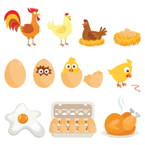 Set Von Nutztieren Vektoraufkleber Mit Hühnerfamilie Auf Weißem Isoliertem Hintergrund — Stockvektor