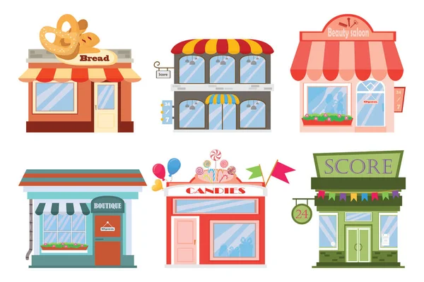 Conjunto Vectores Planos Diseño Restaurantes Tiendas Iconos Fachadas Ilustración Vectorial — Vector de stock