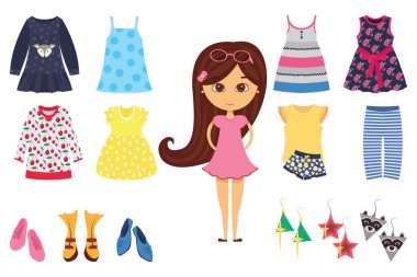 Tarz sahibi küçük kız ve onun farklı kıyafet vektör çizimleri ile izole edilmiş bebek moda ikonu.