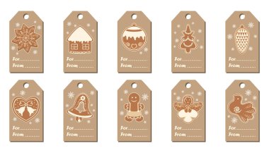 New Year tags. Collection of kraft-paper tags with New Year's symbols. Vector illustration in english. clipart