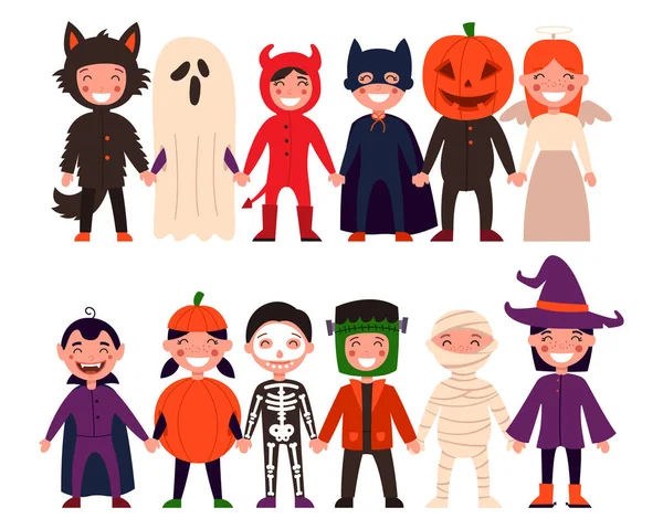 Conjunto de crianças. Dia das Bruxas, festa infantil, ou crianças com um traje de Halloween. Ilustração vetorial sobre fundo isolado branco —  Vetores de Stock