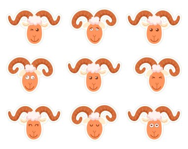 Tatlı komik koyun çocuk karakteri. Beyaz arkaplanda vektör çizimi. Çıkartmalar