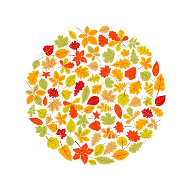Sonbahar satışı için yapraklardan yapılmış bir daire şeklinde parlak bir pankart. Beyaz arkaplanda vektör illüstrasyonu