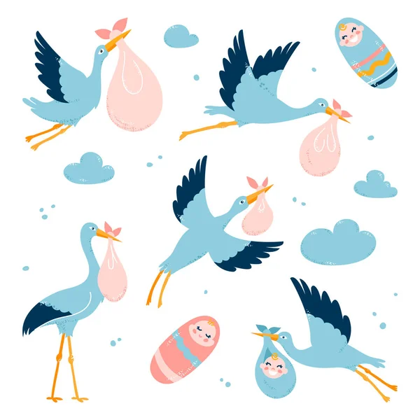 Storkar bär barn till sina föräldrar. Flygande fåglar. Vektor illustration på en vit isolerad bakgrund — Stock vektor