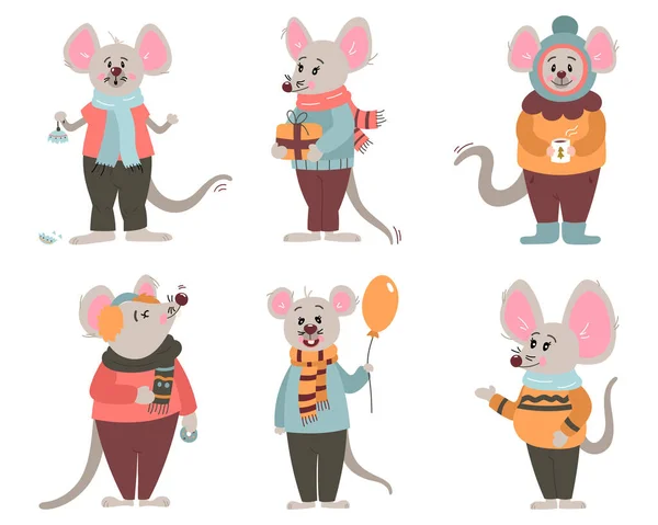 Set of six funny mice characters of the new year in winter clothes. In cartoon style. Vector illustration — Stock Vector