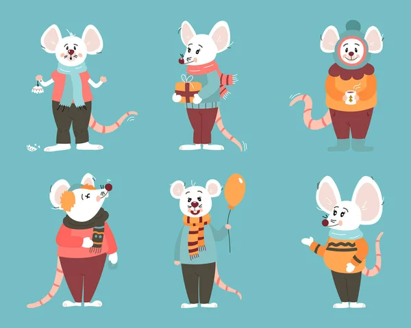 Набор из шести смешных крыс новогодних персонажей в зимней одежде. В мультяшном стиле. Векторная иллюстрация — стоковый вектор