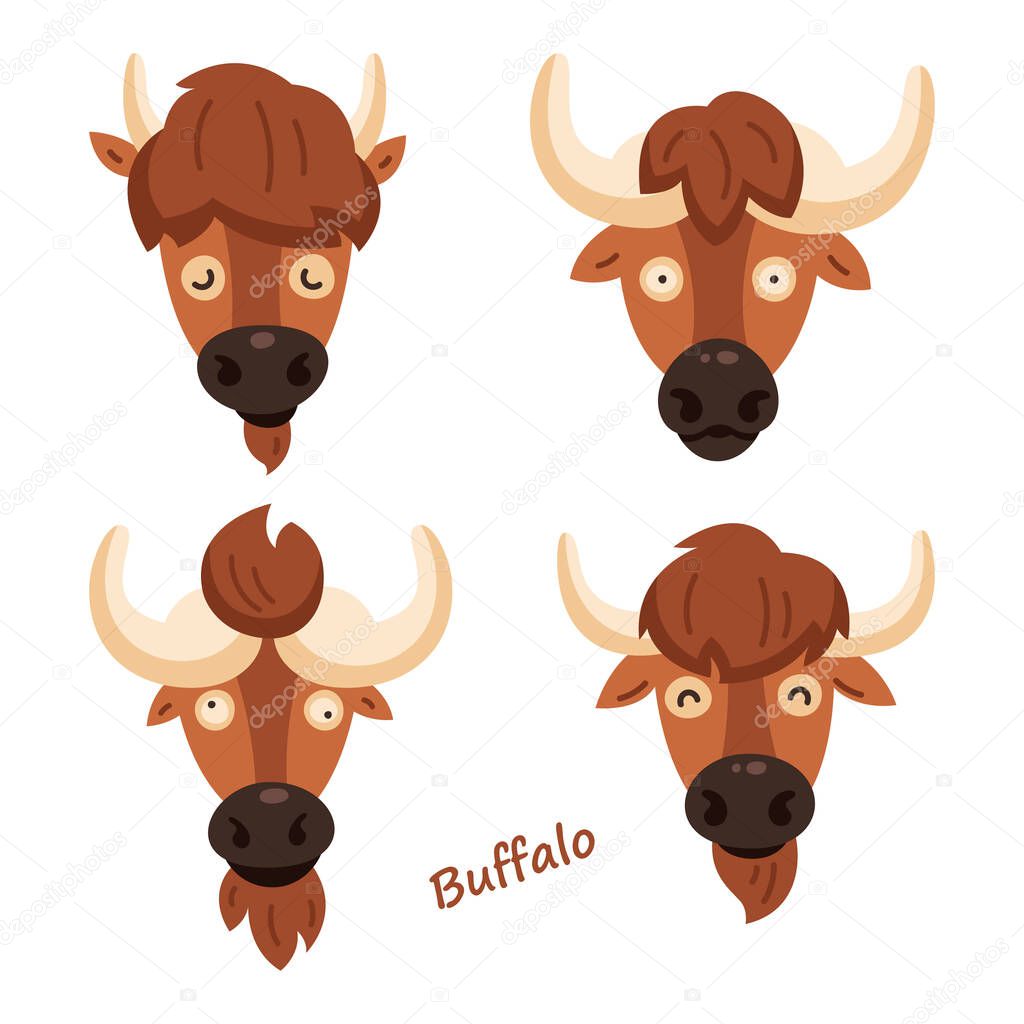 Set of cute bison. Sticker. Childrens, funny. Cartoon comic book style vector illustration of forest wild animals. Buffalo. Europe and North America animals