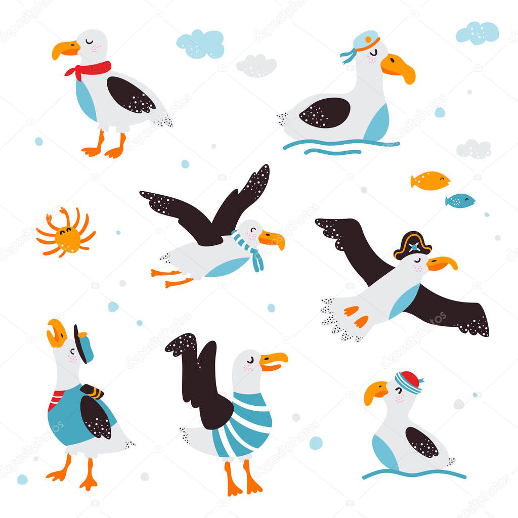 Set of funny baby pictures of albatross on a white isolated background. Vector illustration