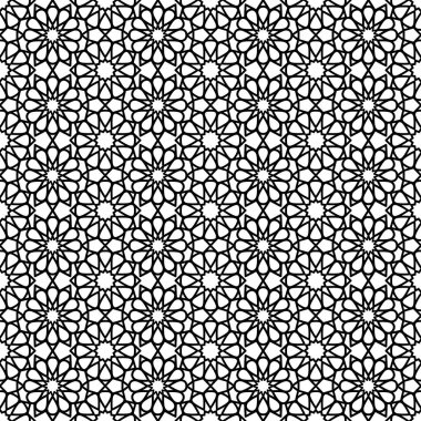 Arap modeli. Siyah ve beyaz renklerde kusursuz bir desen. Vektör illüstrasyonu.